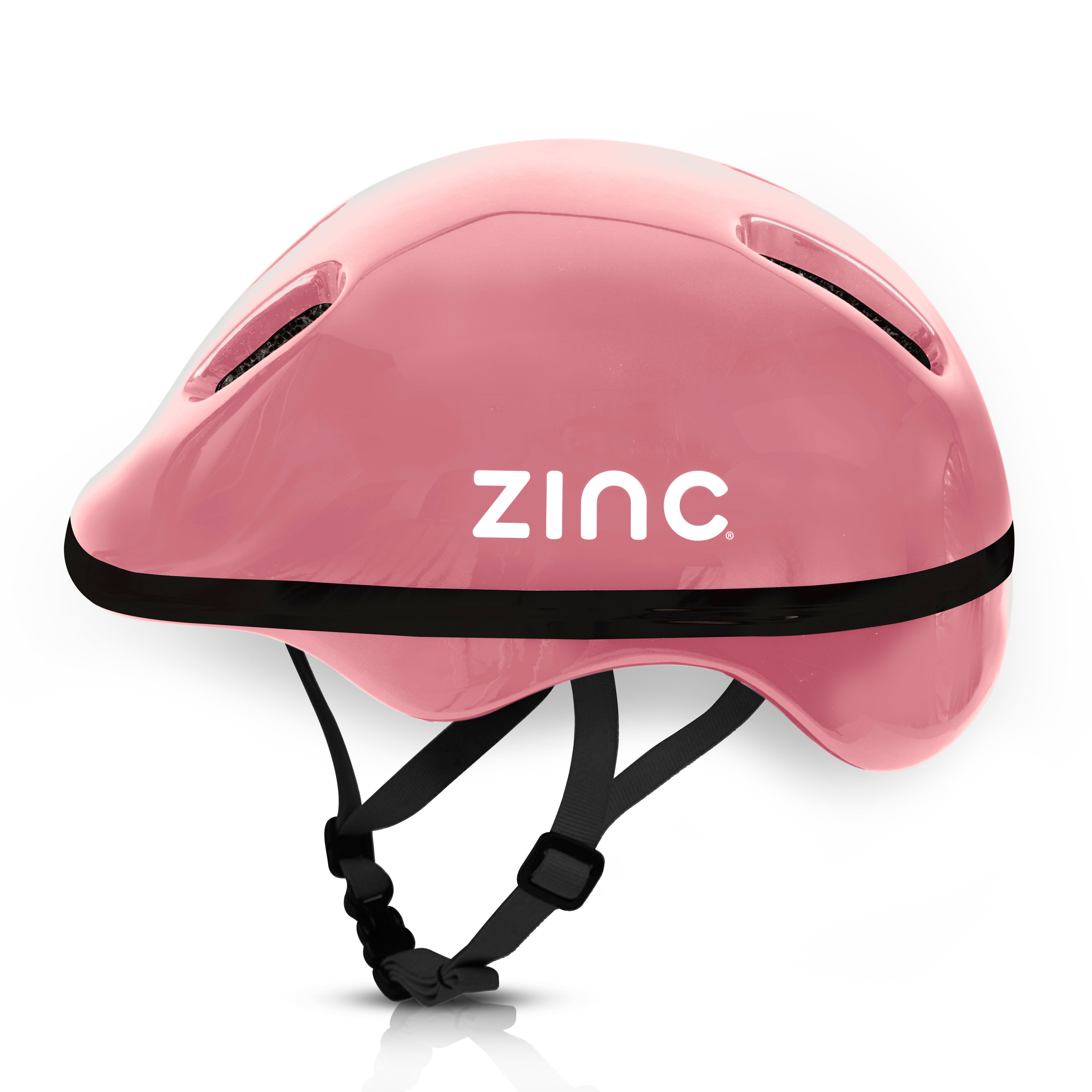 Zinc children's pink bike helmet side view showing ventilation holes and adjustable straps for 52-56cm head sizes