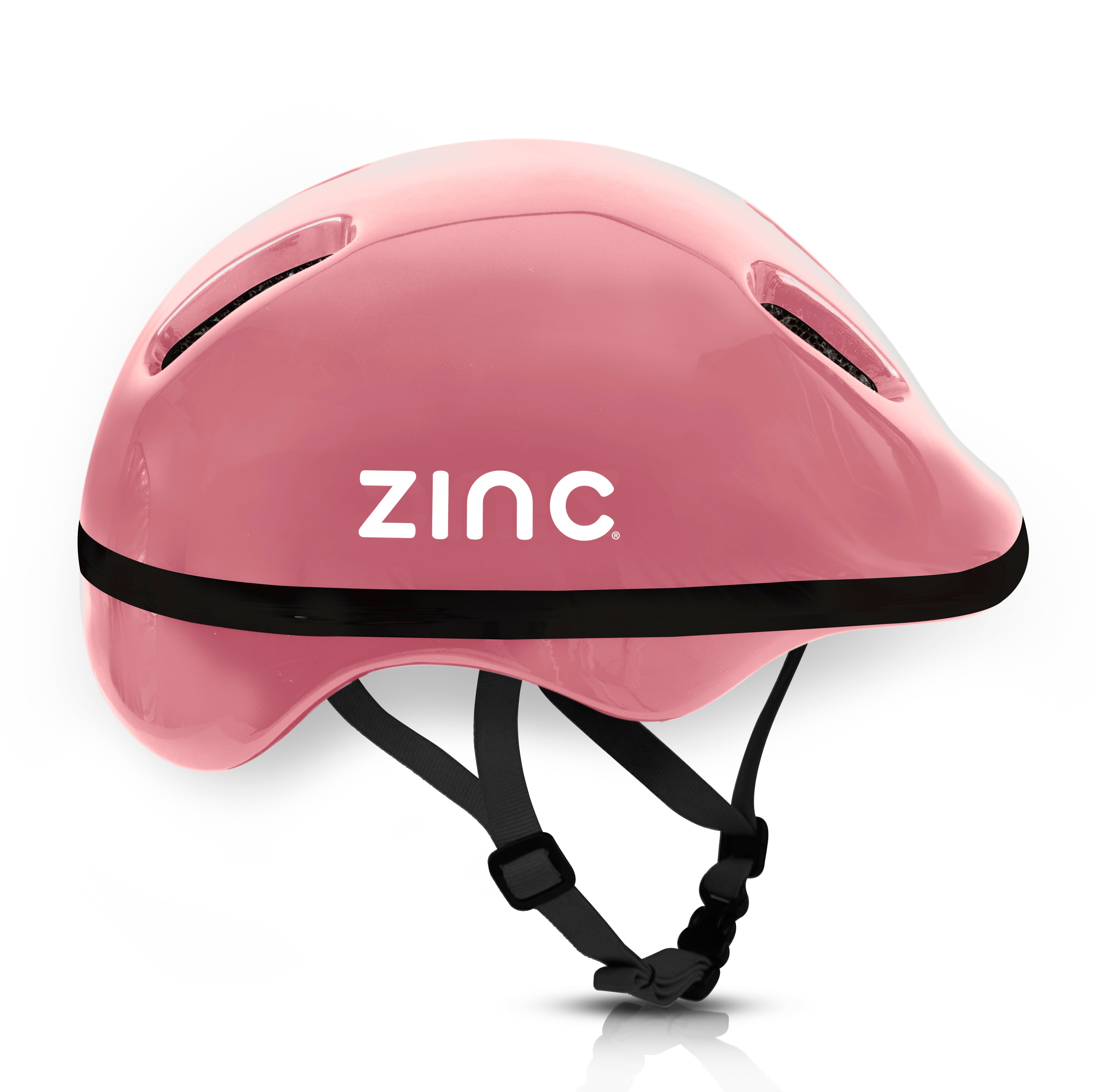 Zinc children's pink bike helmet side view showing ventilation holes and adjustable straps for 52-56cm head sizes