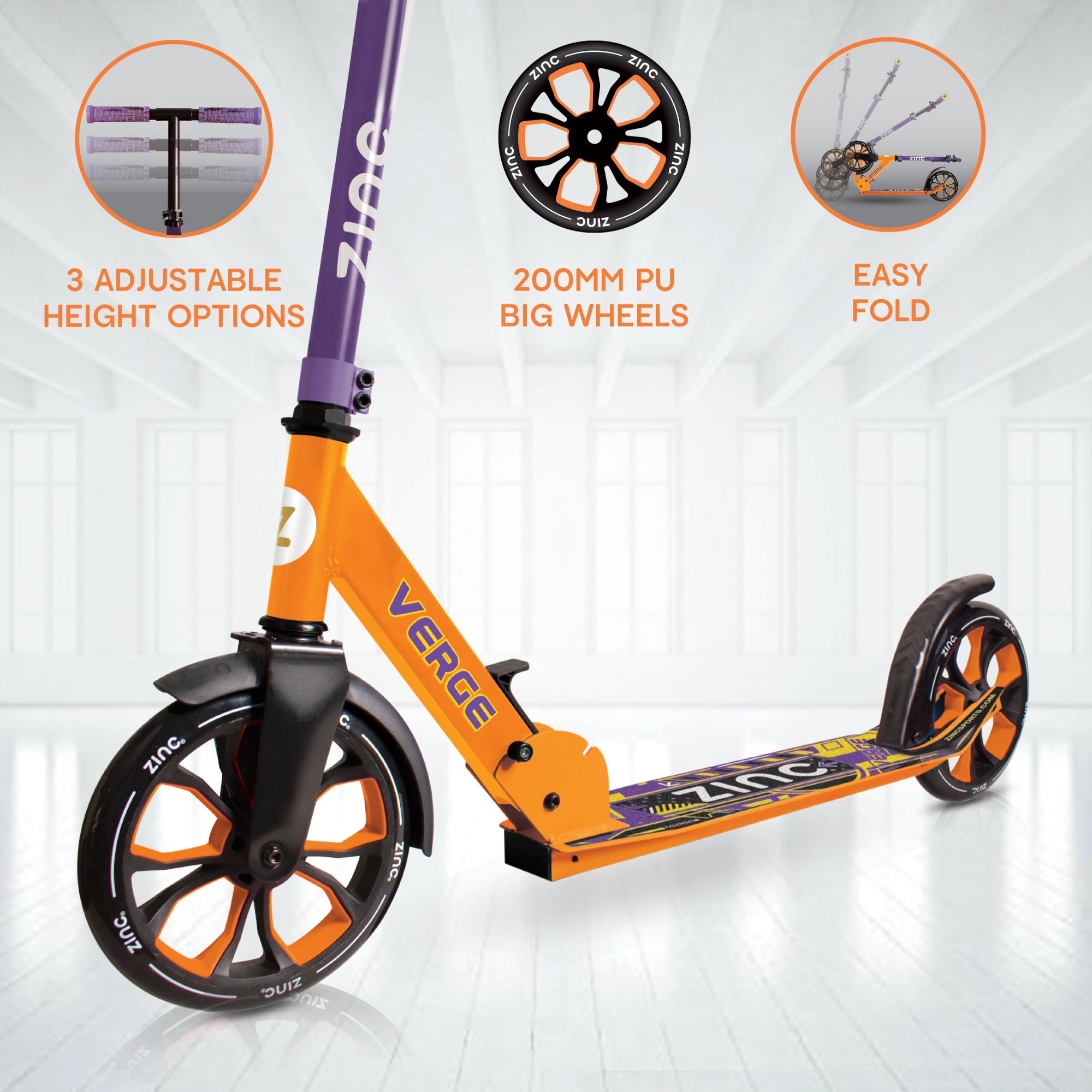 Zinc Verge Big Wheel Folding Scooter Orange Purple - Product Detail including adjustable height, big wheels and easy fold