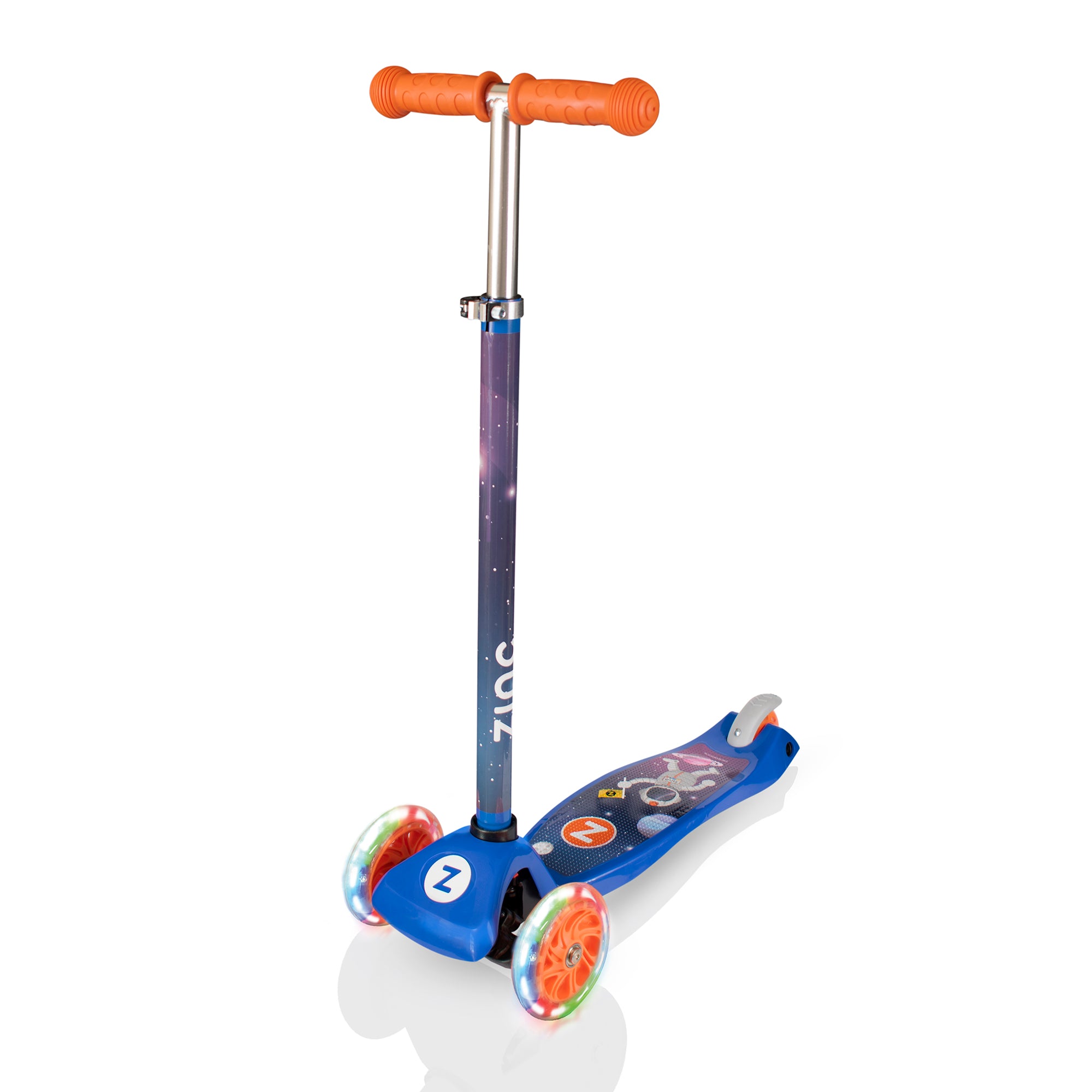 Zinc Explorer three-wheeled scooter with spaceman theme design - front view