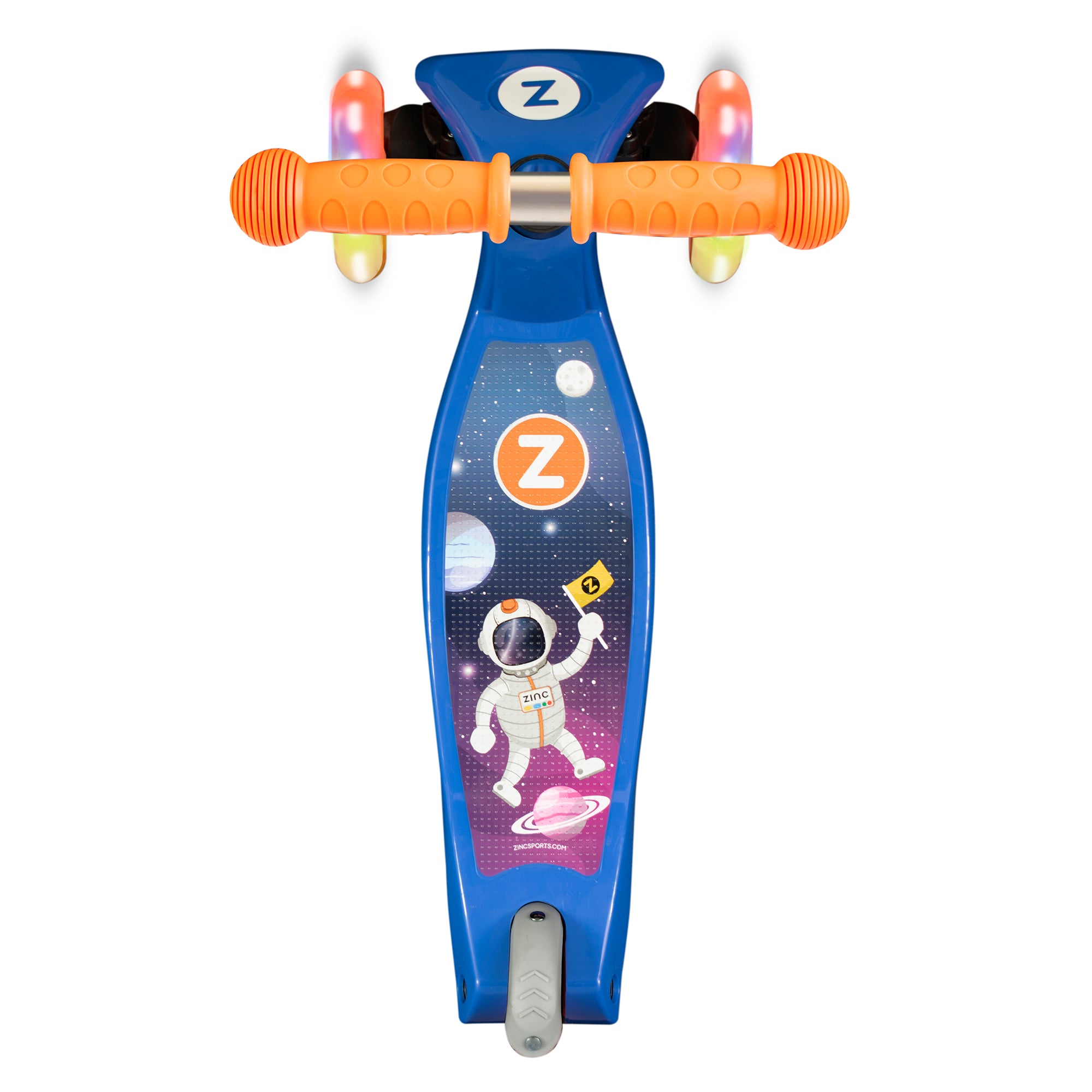 Detail view of Zinc Explorer spaceman scooter deck and platform