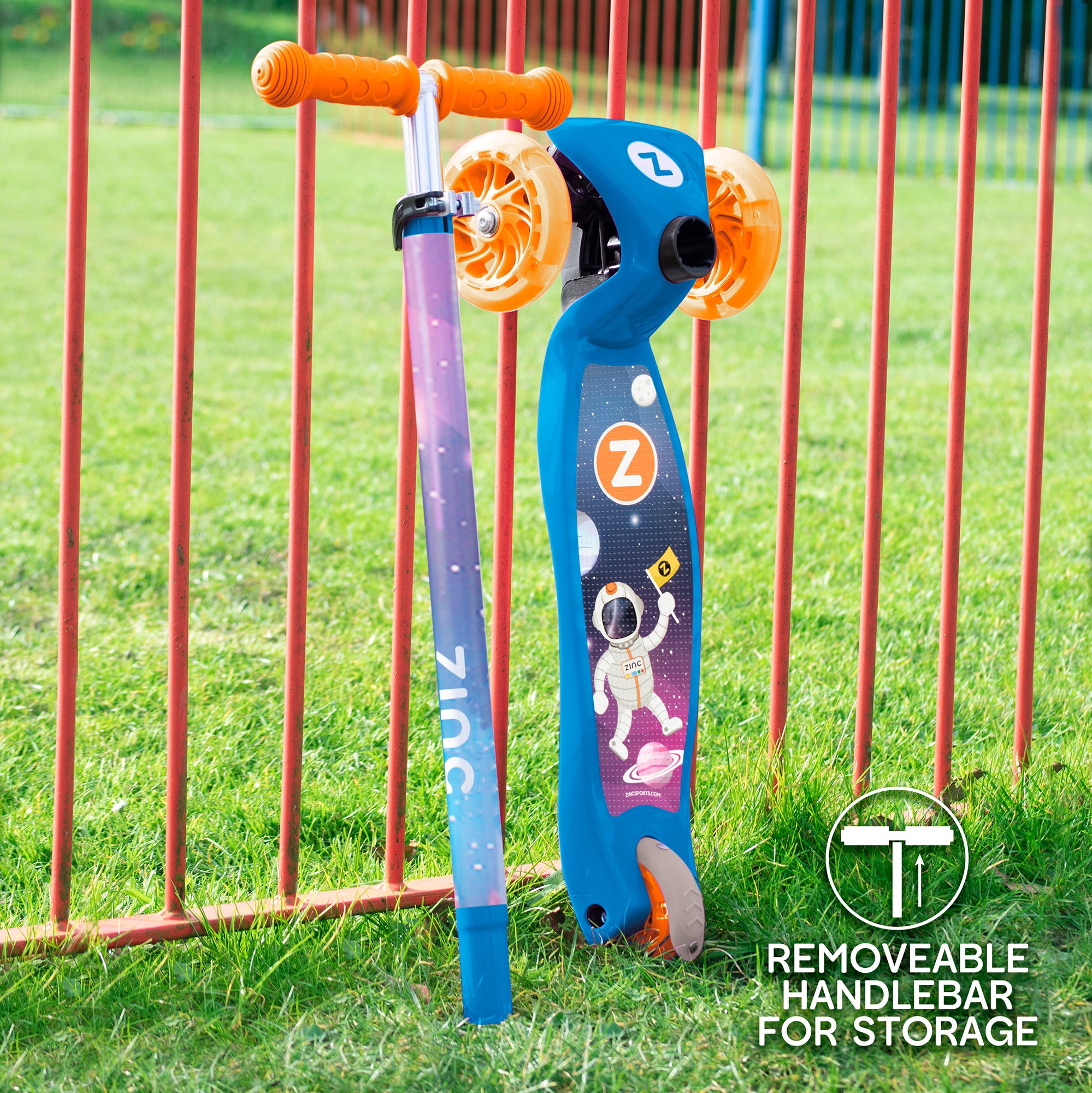 Zinc Explorer spaceman scooter shown in two separate parts for assembly