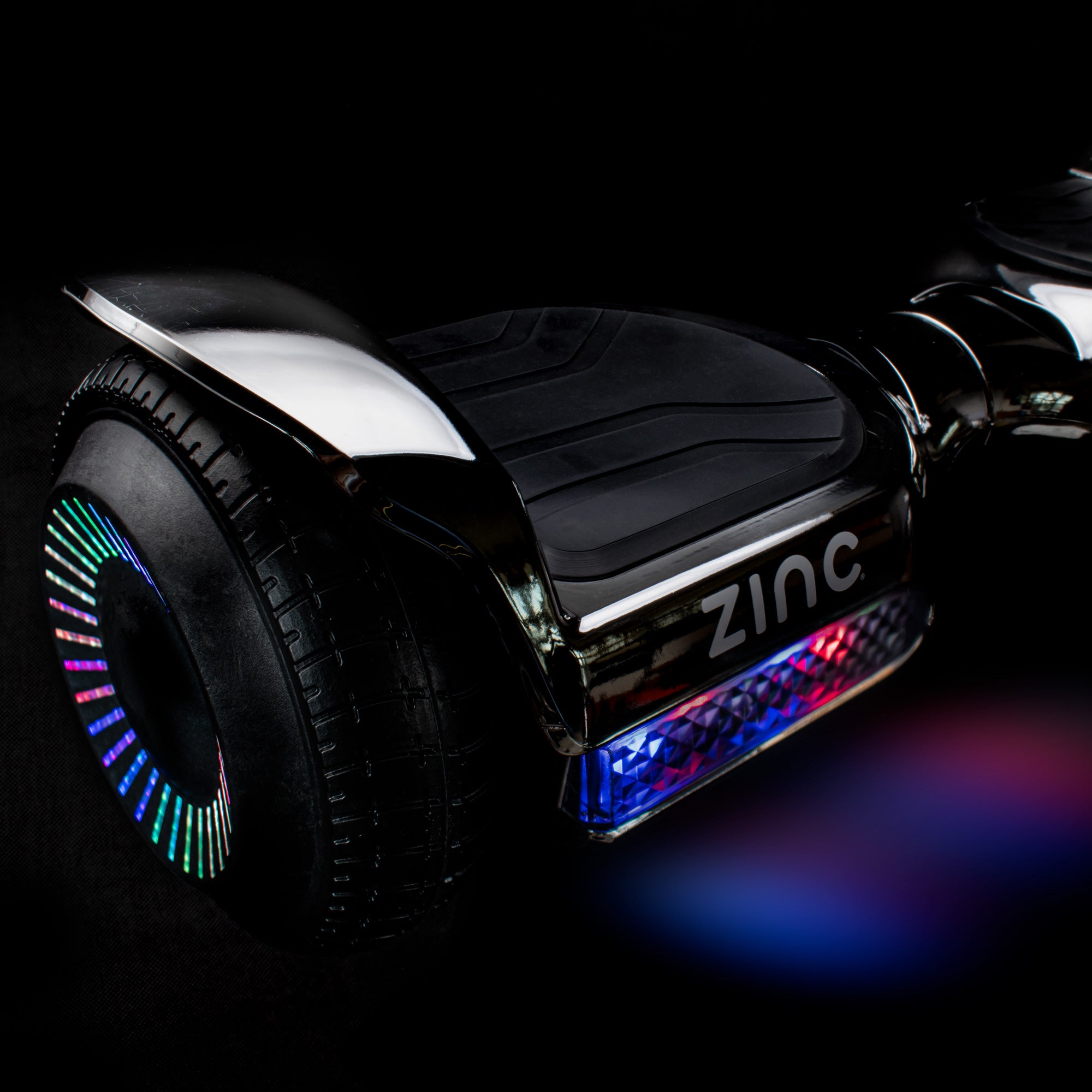 Zinc Megastar chrome hoverboard LED lights close-up showing vibrant multi-coloured illumination and lighting effects