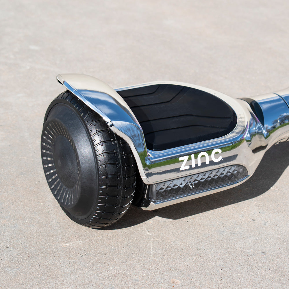 Premium chrome finish on Megastar hoverboard with reflective surface and stylish appearance