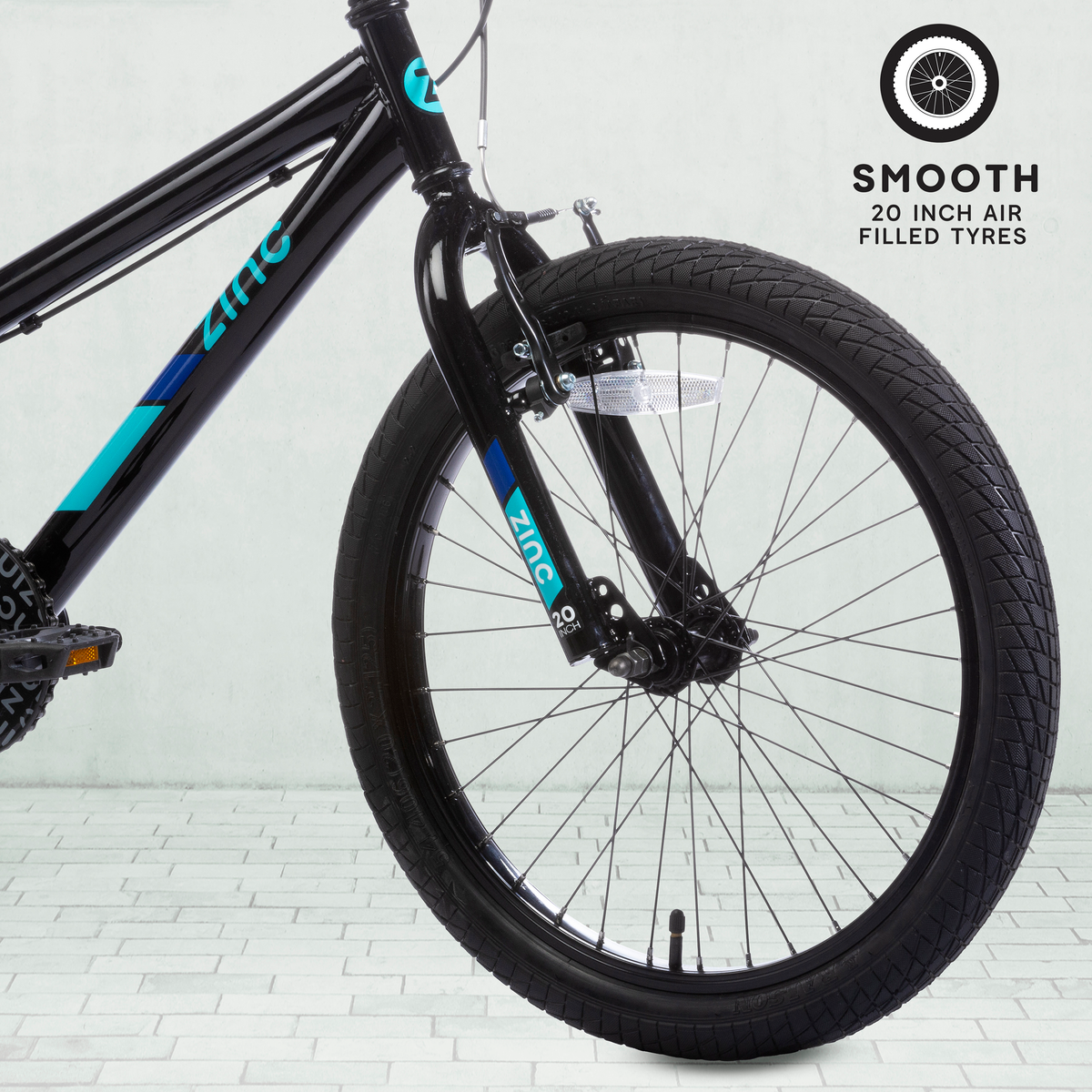 Zinc 20 Inch Switch BMX Bike Front Wheel Close-up - Smooth Tyre Tread for Street BMX Performance