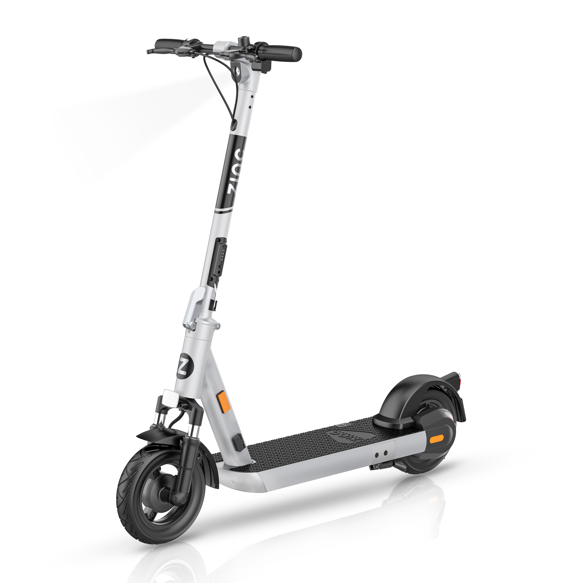 Zinc Velocity Plus 500W folding electric scooter with 10-inch wheels and 31-mile range in silver