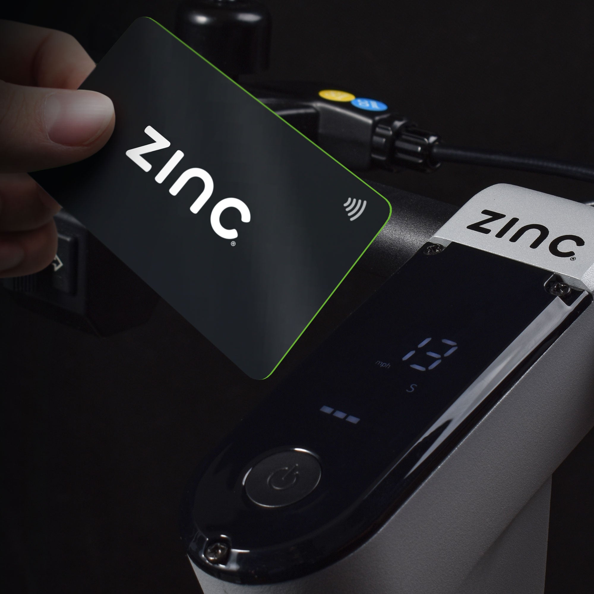 Electric scooter with NFC card unlocking system including keychain and wallet-sized security cards