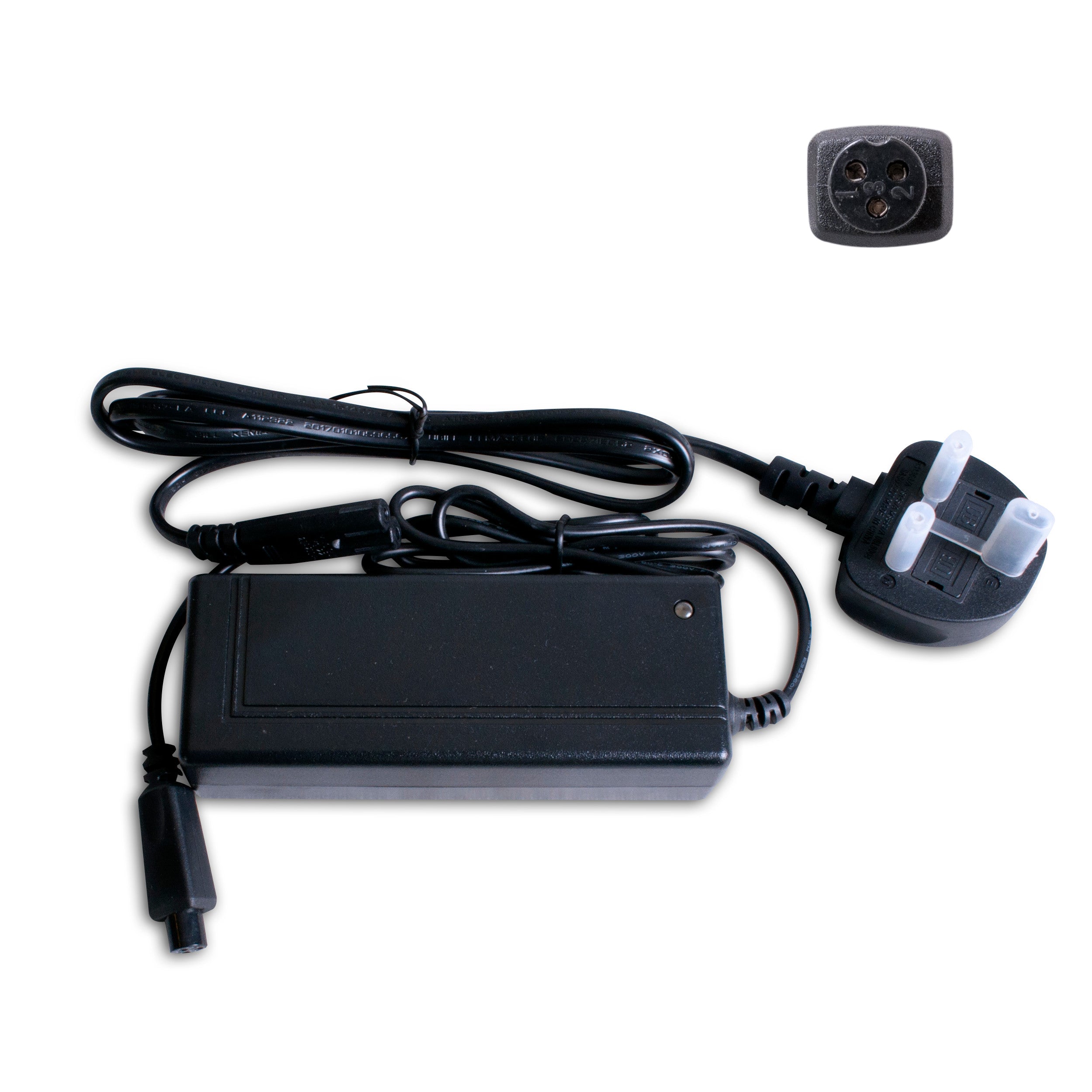 A black hoverboard charger with a 3-pin plug.