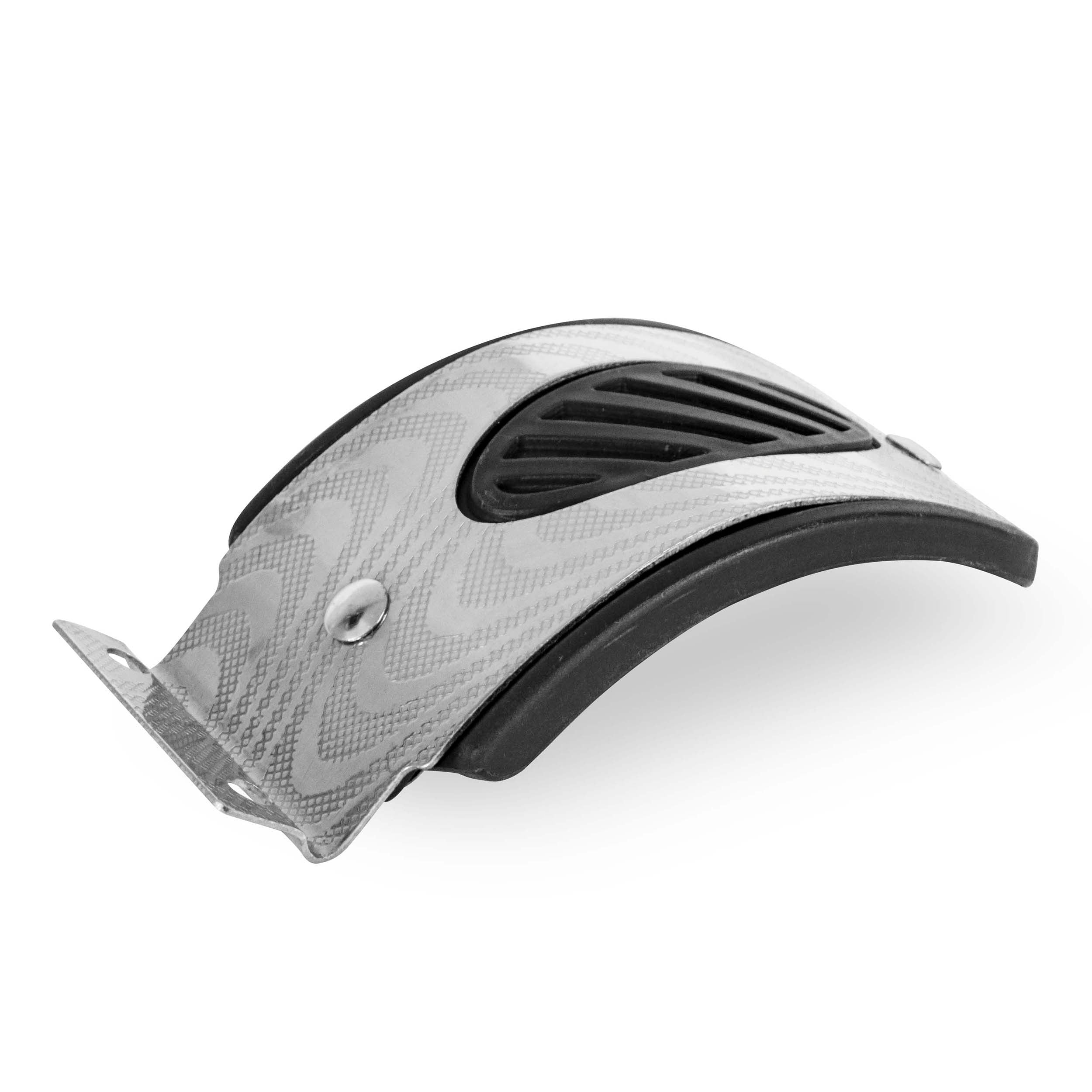 Replacement rear footbrake for a three-wheeled folding scooter, featuring a metallic surface with black accents and a visible spring mechanism.