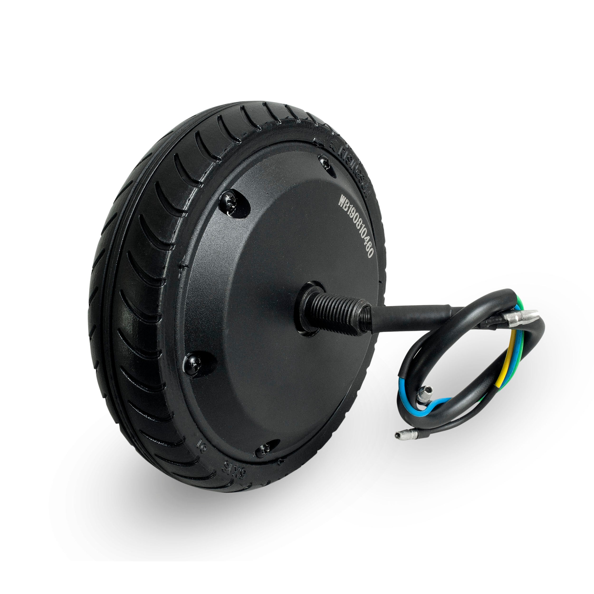 Replacement electric scooter motor wheel, black in color, with visible wiring