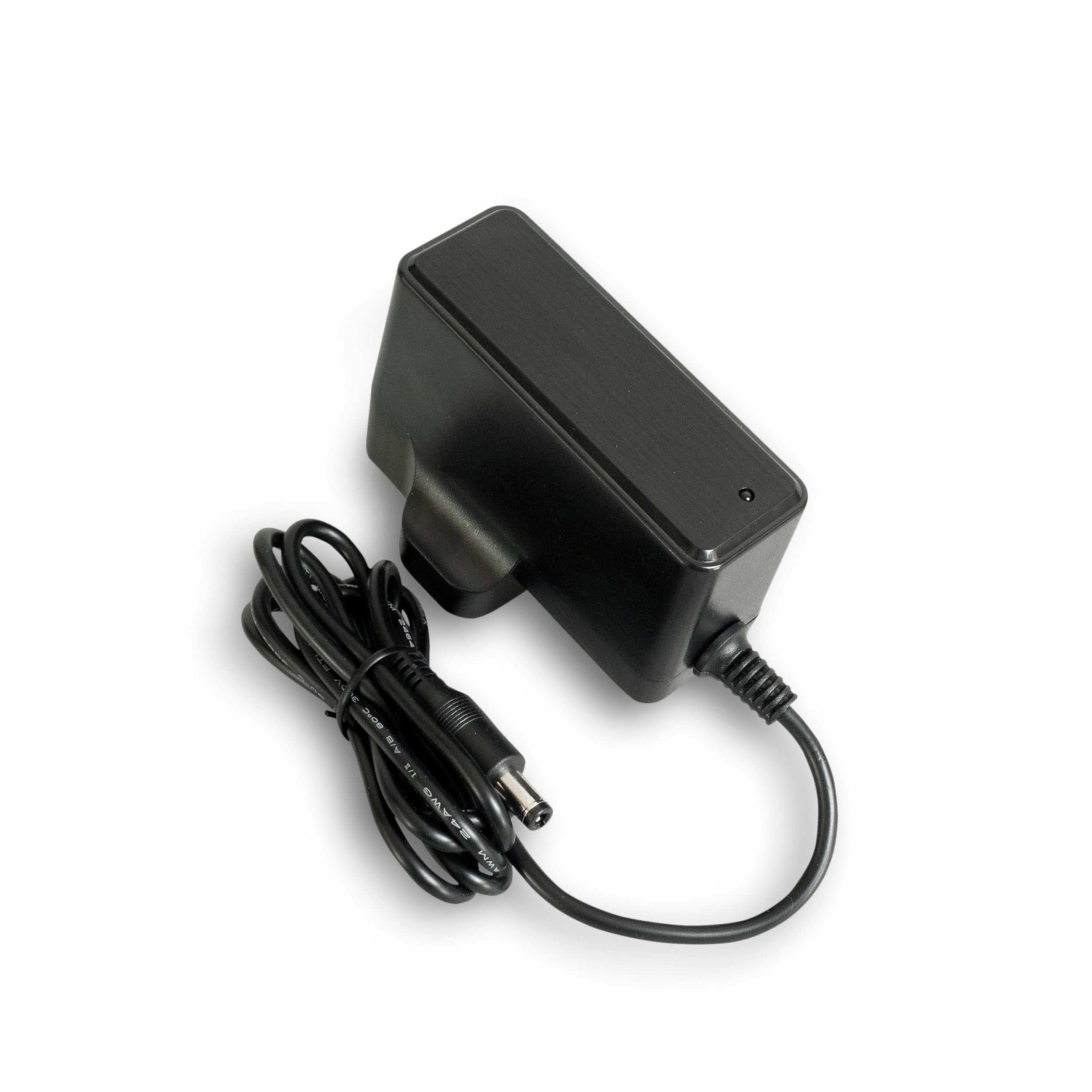 A black electric scooter charger with a power cord and connector.