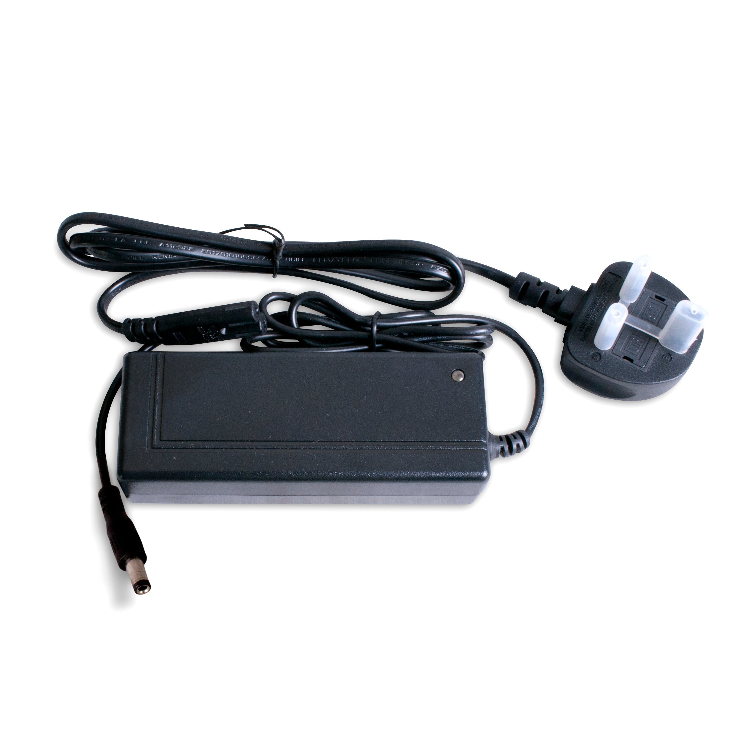 A black electric scooter charger with a power plug on one end and a connector on the other.