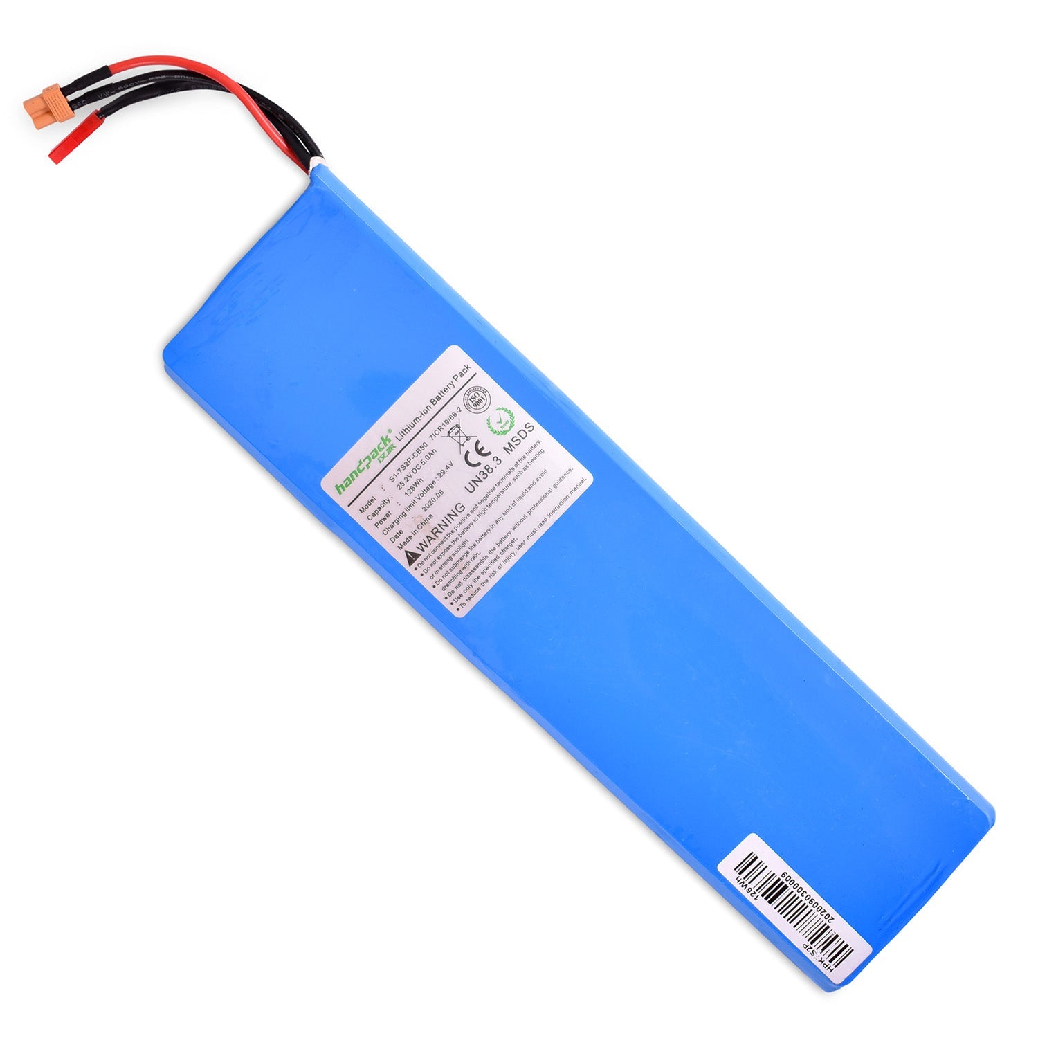 A blue lithium battery pack with red and black wires, designed for 6 inch Eco and Flex Electric Scooters.