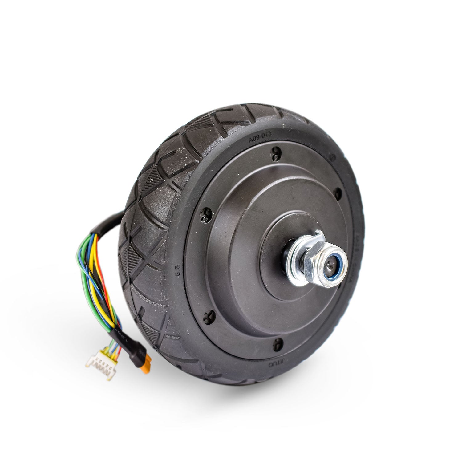 Electric scooter motor wheel assembly, with a solid rubber tire and visible electrical wiring.