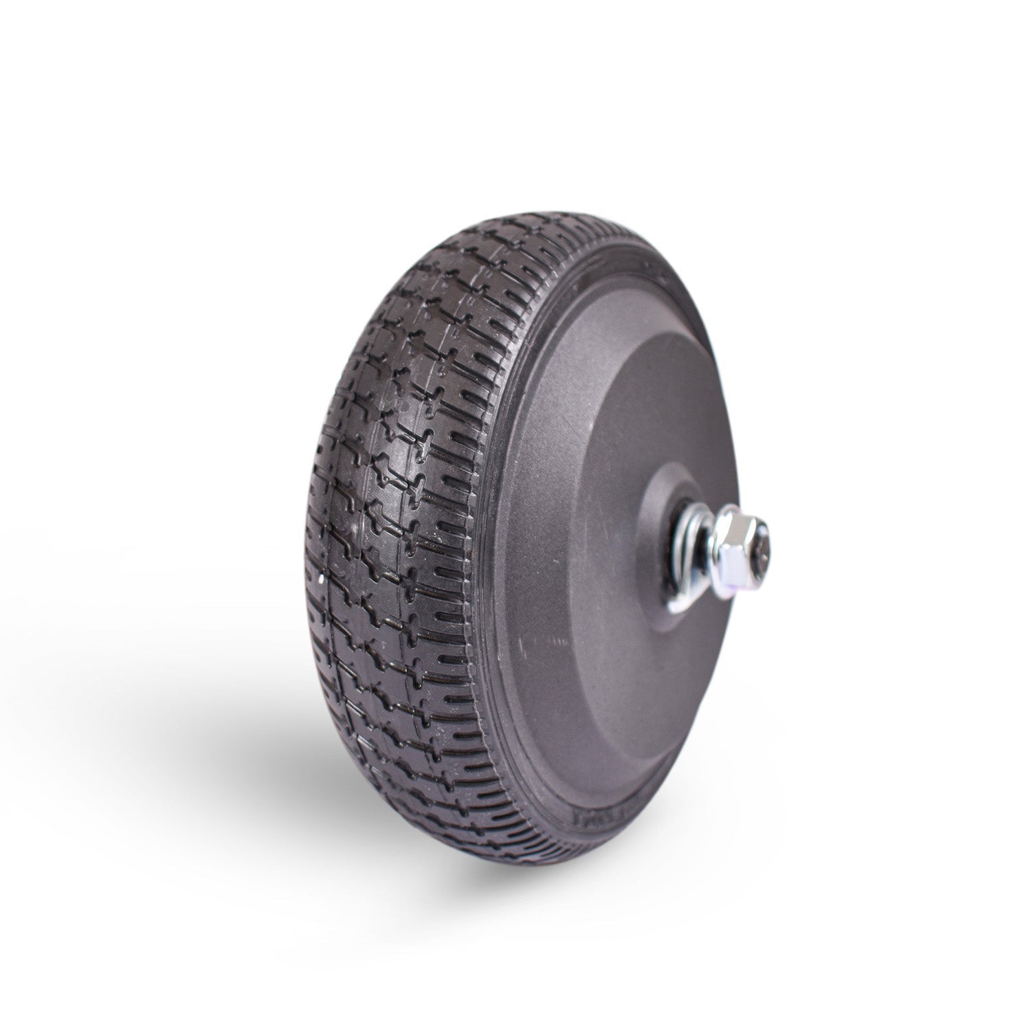 Replacement rear drive wheel for an electric scooter, featuring a solid black tire and a metal hub with a bolt on the side.