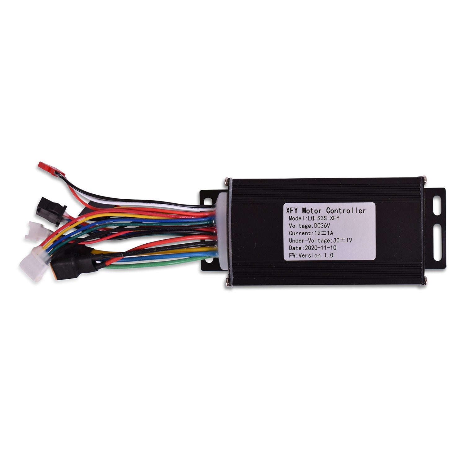 A black speed controller module for an electric scooter with multicolored wires coming out from it.