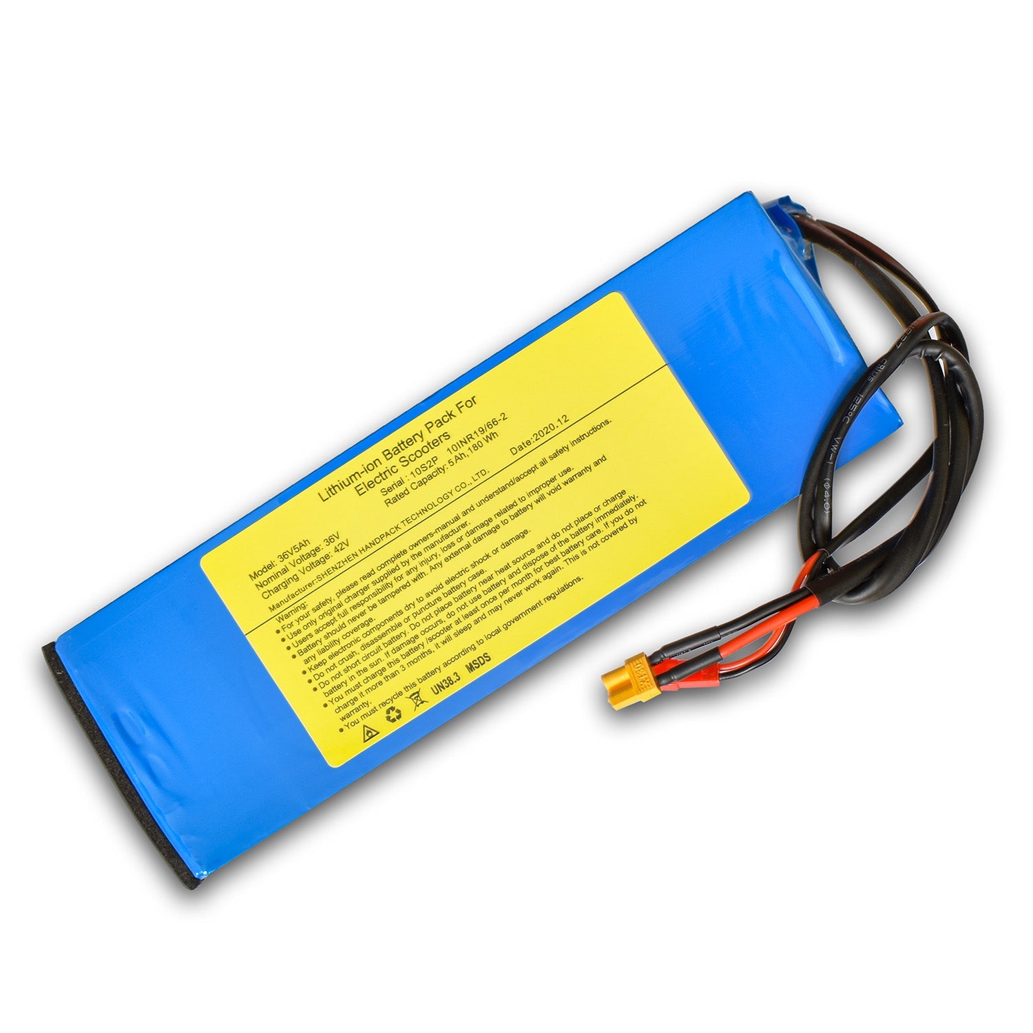 A blue and yellow battery pack for an electric scooter with attached cables.