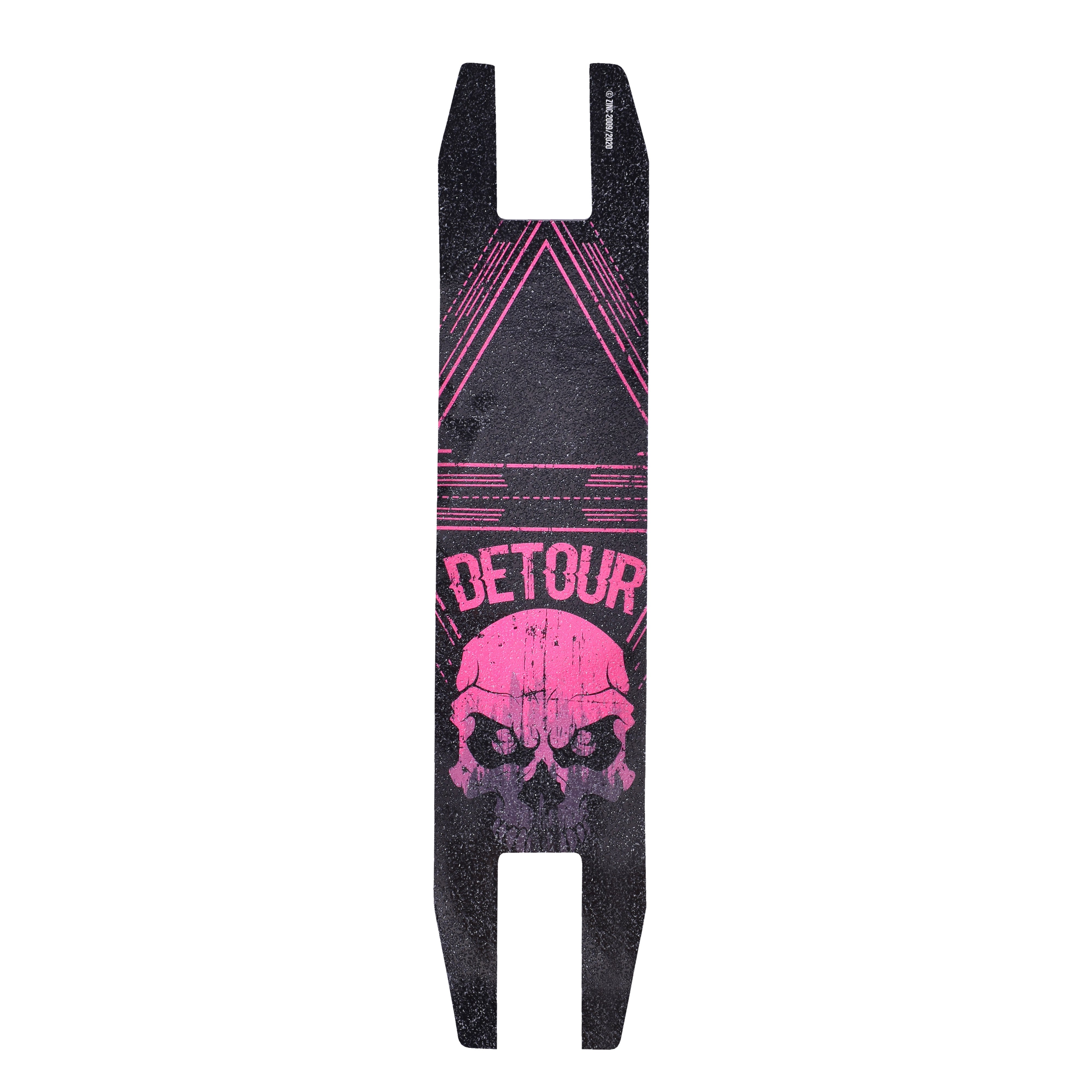 Pink and black grip tape for a stunt scooter with 'DETOUR' branding and a skull design.