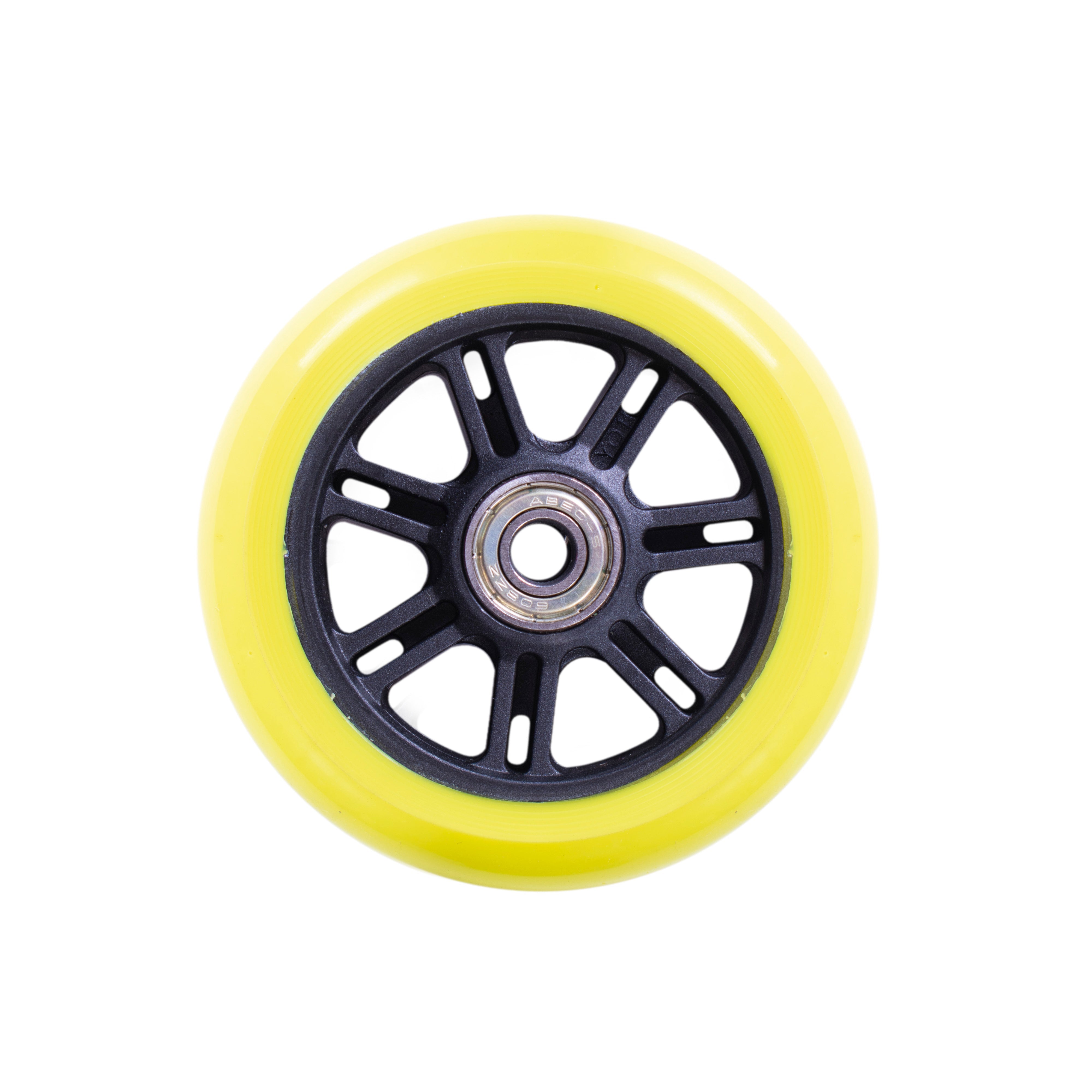 A yellow stunt scooter wheel with a black center and black spokes.