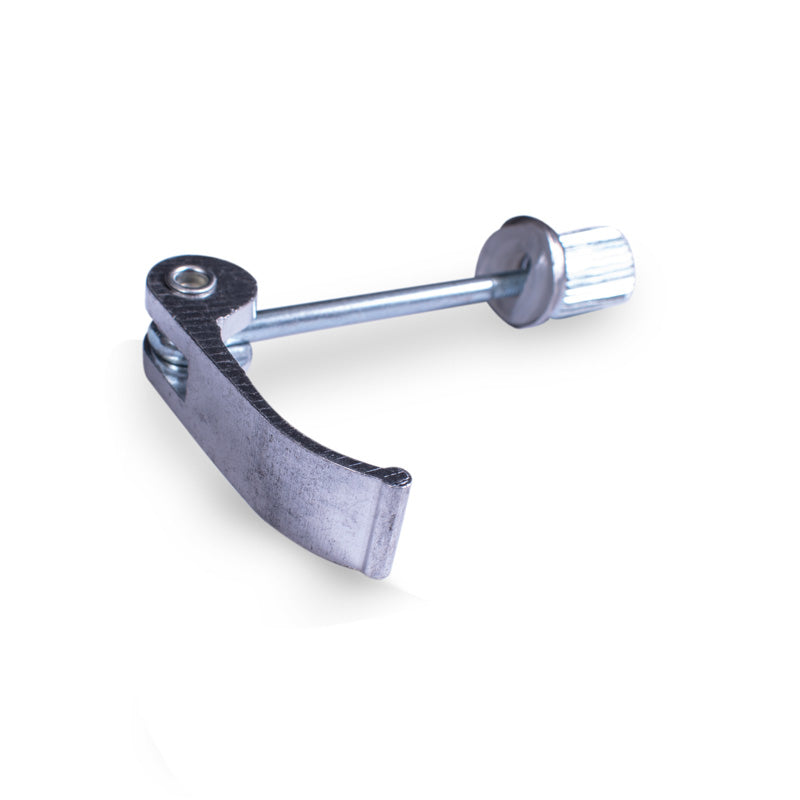 A metal quick release skewer for a folding mechanism, typically used on scooters or bicycles, with a silver finish.