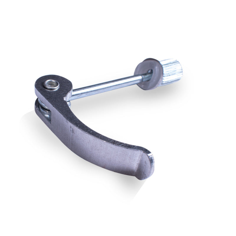 A metal quick release skewer for a folding mechanism, likely made of steel or another durable metal, with a shiny silver finish.