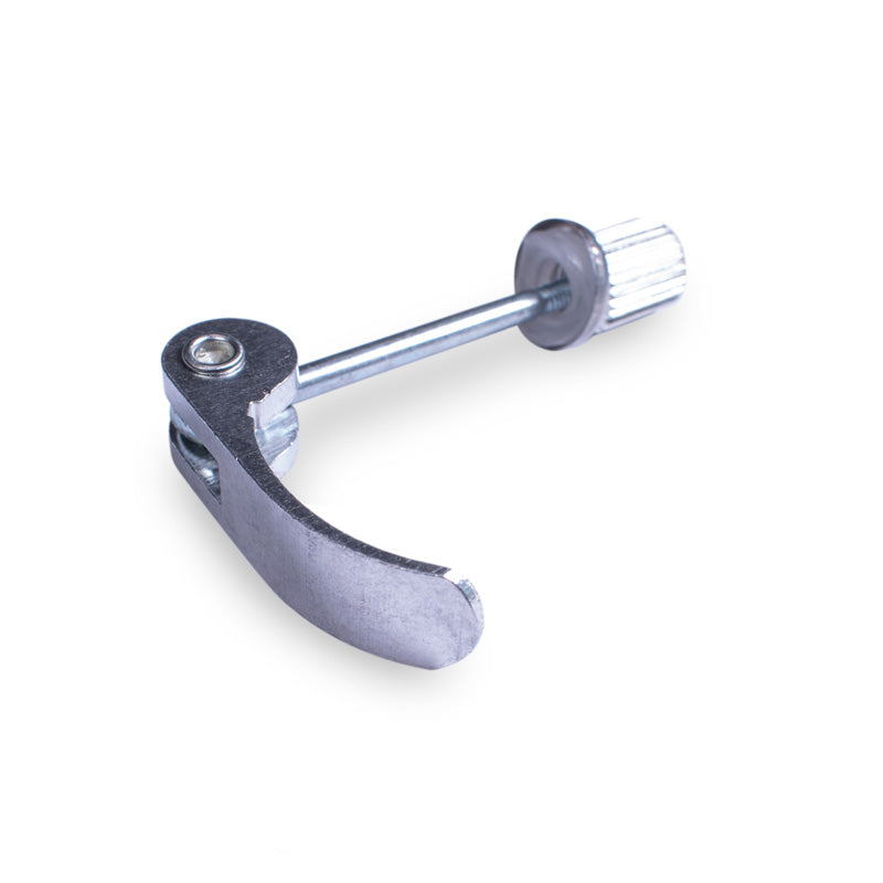 A silver quick release skewer for a folding scooter mechanism.