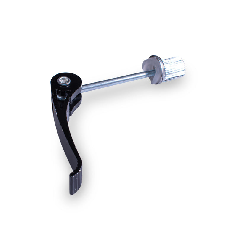 A black quick release skewer for the folding mechanism of a scooter.