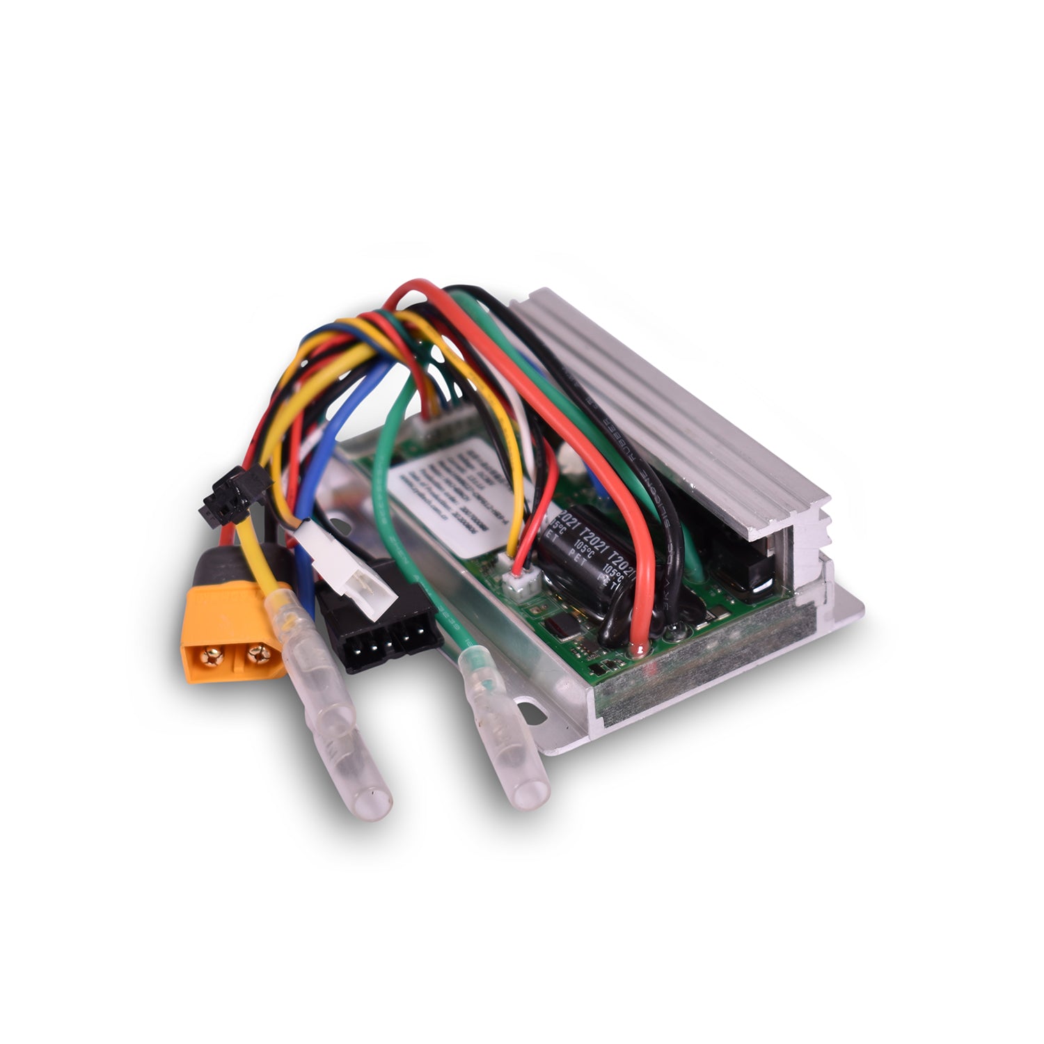 Replacement speed controller module for an electric scooter, featuring a multicolored wiring harness and a metallic heat sink.