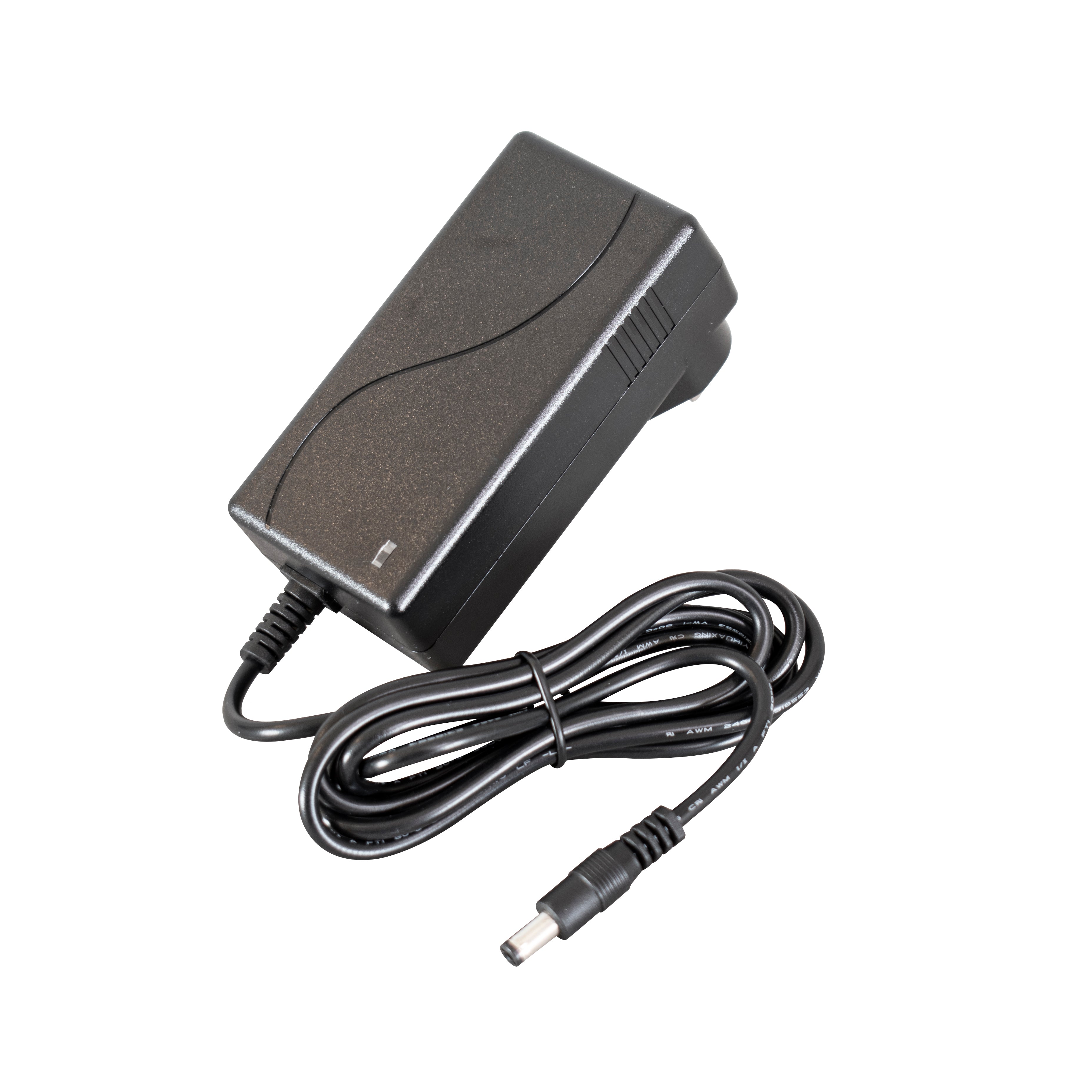 A black electric scooter charger with a power cable and connector.