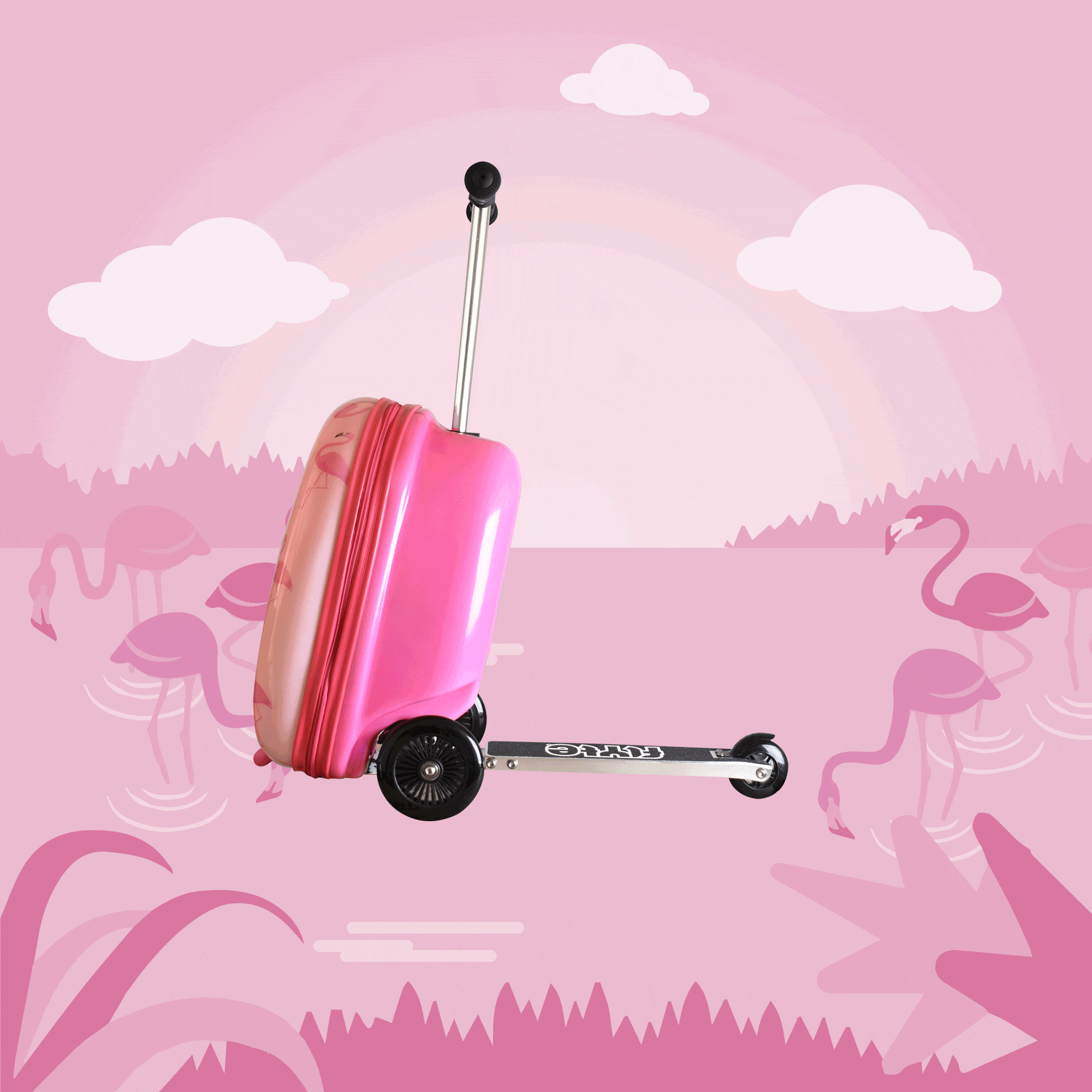 Gif of Flyte flamingo suitcase rotating to show all sides of the case